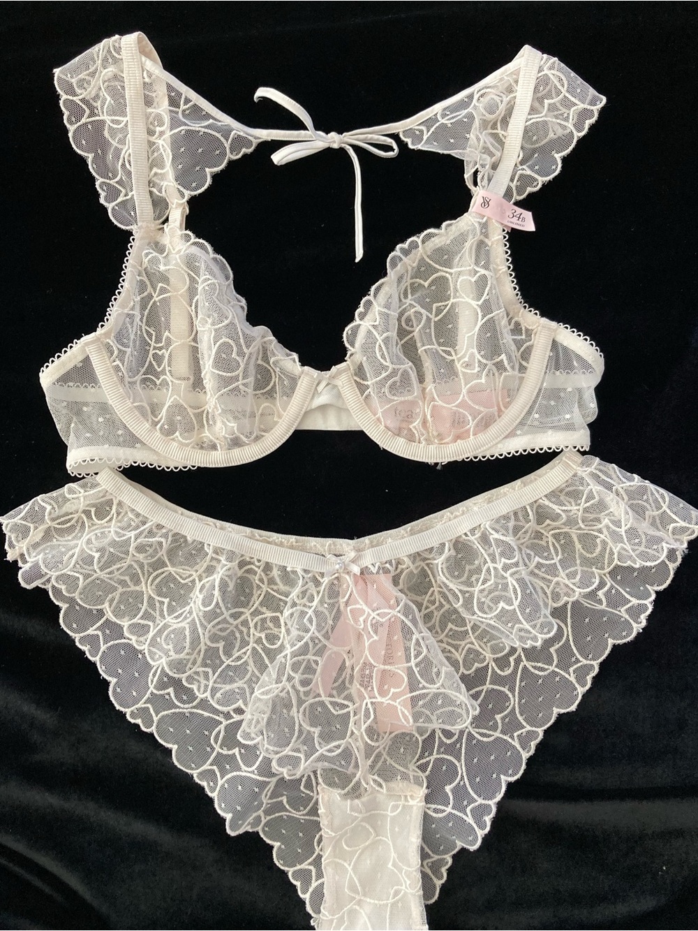 Victoria’s Secret TEASE Unlined Demi Bra 34B & Cheeky Panty Set Ivory Hearts NWT